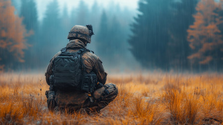 A soldier sits quietly in a serene forest, surrounded by tall trees and vibrant autumn foliage, lost in contemplation amid the misty air.の素材