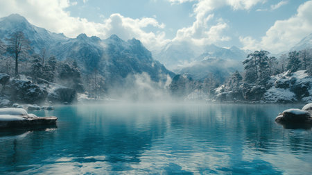 A steaming hot spring sits nestled in a snowy valley, with majestic mountains towering in the background under a colorful sunset sky.の素材