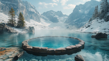 A steaming hot spring sits nestled in a snowy valley, with majestic mountains towering in the background under a colorful sunset sky.の素材