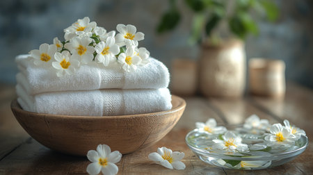 A serene setting featuring neatly stacked white towels in a bowl filled with clear water. Delicate flowers float gently on the surface, creating a calming atmosphere.の素材