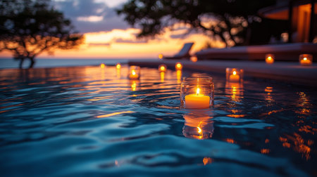 Soft candlelight dances upon the calm surface of the water, creating a peaceful atmosphere in a beautifully lit outdoor area at dusk.の素材