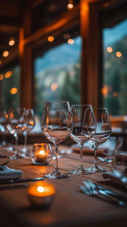 A beautifully arranged dining table features polished wine glasses, sparkling cutlery, and flickering candles.の素材