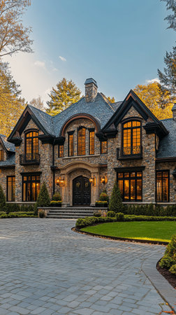A stunning mansion featuring stone and dark wood architecture is showcased. Large windows reflect evening light, and landscaped gardens enhance the elegant exterior in a serene setting.の素材
