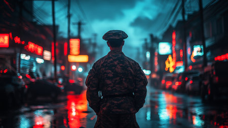 A soldier surveys a muddy road in a rural village, surrounded by locals and vehicles under overcast skies. The atmosphere feels somber and contemplative.の素材