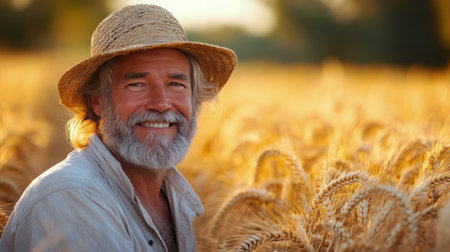 A smiling man stands amidst tall wheat stalks, wearing a straw hat and gray shirt. The golden field shines under the summer sun, reflecting a sense of joy in farming and harvest.の素材