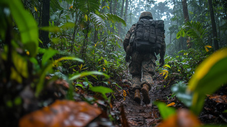 A soldier walks cautiously along a muddy trail in a thick jungle, surrounded by lush green plants and the early morning fog, emphasizing the challenges of the environment.の素材