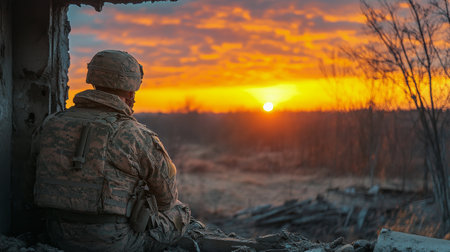 A soldier stands atop a hill, gazing out over a misty valley as the sun rises, casting orange hues across the sky and illuminating the trees.の素材