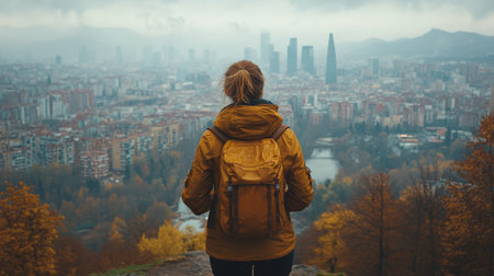 A person wearing a yellow jacket and carrying a backpack stands on a hill, observing a sprawling cityscape under a cloudy sky. Autumn colors enhance the scenery.の素材