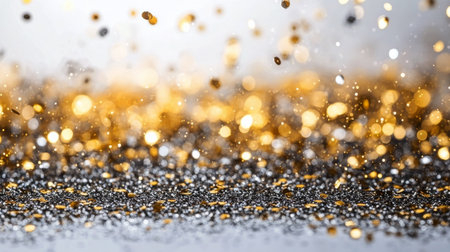 Golden confetti cascades gracefully through the air, creating a festive atmosphere during an outdoor celebration at twilight. The soft light enhances the cheerful mood.の素材
