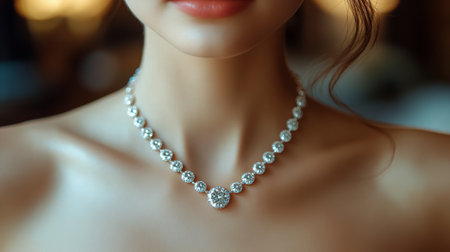 A woman displays a stunning necklace adorned with shining gemstones and diamonds, highlighting her elegance at a sophisticated evening gathering.の素材