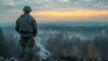 A soldier stands atop a hill, gazing out over a misty valley as the sun rises, casting orange hues across the sky and illuminating the trees.の素材