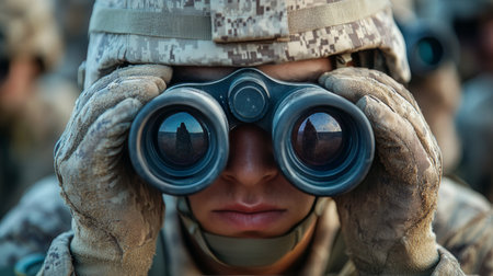 A soldier focuses intently through binoculars, scanning the area as the sun sets in the background. The atmosphere conveys a sense of vigilance and readiness for action.の素材