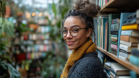 A young woman with curly hair and glasses stands in a library. She wears a cozy sweater and scarf, smiling confidently at the camera amidst rows of books.の素材