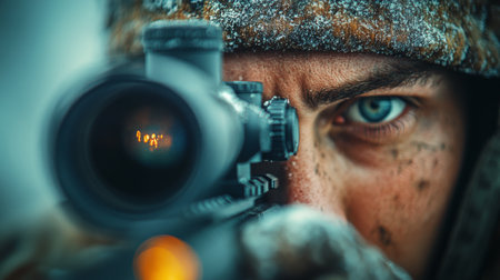 A soldier dressed in winter camouflage is focusing intently through the scope of a sniper rifle while stationed in a snowy forest. The atmosphere is tense and serious.の素材