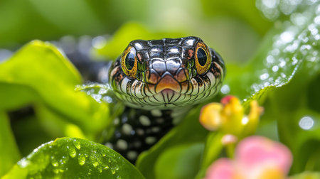 A vibrant snake is nestled in lush greenery and dry foliage, showing its intricate patterns and shiny eyes. It appears alert and ready to explore its surroundings.の素材