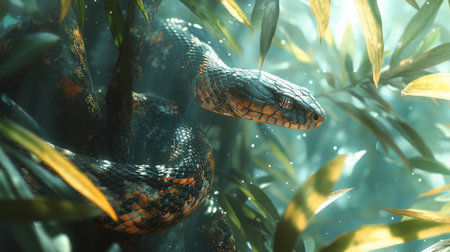 A snake lies gracefully on a tree branch, basking in the warm sunlight of the late afternoon, its scales glistening amidst a background of lush green foliage.の素材