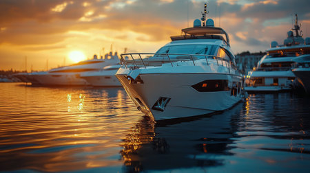 A sleek luxury yacht rests peacefully in the marina, bathed in the warm glow of a vibrant sunset with colorful hues reflecting on the calm water.の素材