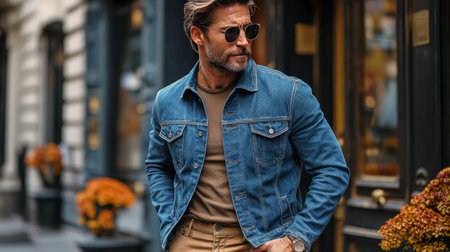 Man wearing a denim jacket and sunglasses stands confidently outside a boutique, surrounded by autumn decor and bright flowers, enjoying a sunny afternoon.の素材