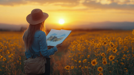 A woman stands in a vibrant sunflower field, holding a canvas as she admires the sunset. The warm light enhances the colors of nature all around her during golden hour.の素材