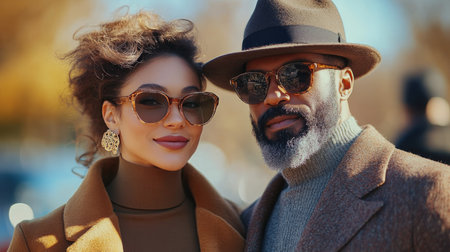 A couple stands closely together in a park, showing their fashionable fall attire. The woman wears a stylish coat and sunglasses, while the man sports a hat and a beard.の素材