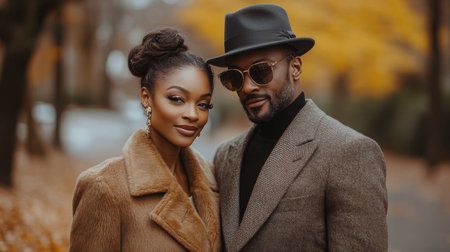 A couple stands closely together in a park, showing their fashionable fall attire. The woman wears a stylish coat and sunglasses, while the man sports a hat and a beard.の素材