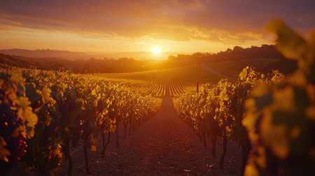 Sunlight bathes the vineyard in a golden glow as rows of grapevines stretch toward the horizon, signaling the end of the day during harvest season.の素材