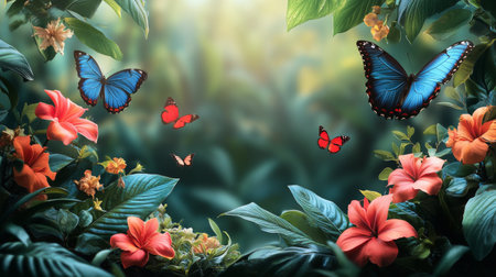 A serene garden pathway lined with bright orange and yellow flowers, surrounded by lush greenery and fluttering butterflies during a sunny day, perfect for a peaceful stroll.の素材