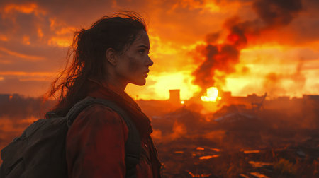 A survivor stands in profile against a vivid sunset, smoke billowing in the background, portraying resilience amid chaos and destruction. The fiery colors create a striking contrast.の素材