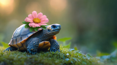 A turtle walks gracefully over soft moss, adorned with a pink flower on its shell, surrounded by a tranquil natural background during daylight.の素材
