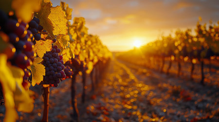 Sunlight bathes the vineyard in a golden glow as rows of grapevines stretch toward the horizon, signaling the end of the day during harvest season.の素材