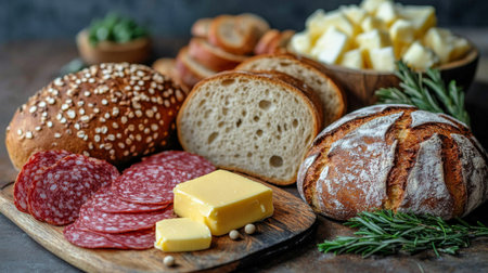 A winter gathering showcases an assortment of fresh baked bread, fluffy rolls, and rich butter arranged beautifully on a table near large windows with a snowy backdrop.の素材