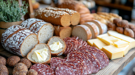 A winter gathering showcases an assortment of fresh baked bread, fluffy rolls, and rich butter arranged beautifully on a table near large windows with a snowy backdrop.の素材