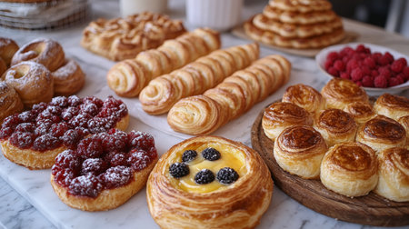 Freshly baked pastries and desserts are beautifully arranged on wooden boards, showing an array of colors and textures in a cozy rustic bakery.の素材