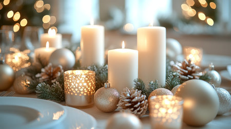 Soft candlelight illuminates a holiday table adorned with evergreen, creating a cozy and inviting setting. Delicate treats complement the festive decor, enhancing the ambiance.の素材