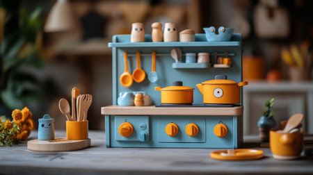A vibrant collection of ceramic kitchen containers in yellow and teal colors is displayed on a wooden tray.の素材