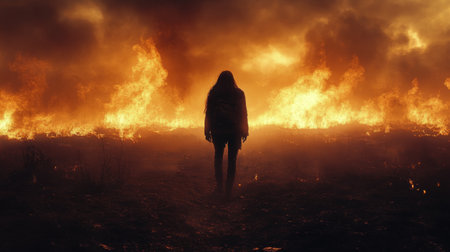 A survivor stands in profile against a vivid sunset, smoke billowing in the background, portraying resilience amid chaos and destruction. The fiery colors create a striking contrast.の素材