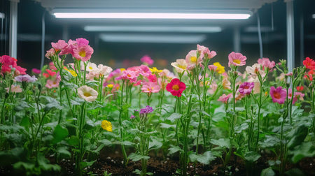 Delicate pink flowers emerge from a translucent ice block, enhanced by colorful lighting, showing a unique blend of nature and artistry within an innovative presentation.の素材