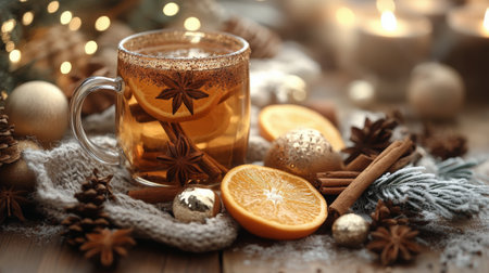 A cozy beverage sits in a glass mug, featuring orange slices and spices, placed on a knitted cloth with holiday decorations, creating a warm winter atmosphere.の素材