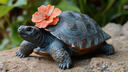 A turtle walks gracefully over soft moss, adorned with a pink flower on its shell, surrounded by a tranquil natural background during daylight.の素材