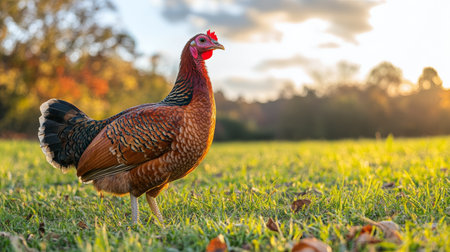 A vibrant turkey walks in a lush green field as the sun sets, casting warm golden light over the landscape. Trees in the background display autumn colors.の素材