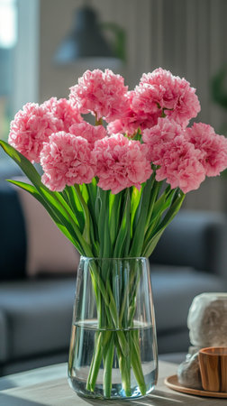 A beautiful arrangement of pink gerbera daisies fills a clear vase, showing their vibrant color and freshness. The soft lighting enhances the delicate petals in the cozy interior.の素材