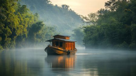 A serene boat glides through a narrow waterway surrounded by vibrant green mangrove trees. Morning light filters through the foliage, creating a tranquil atmosphere.の素材
