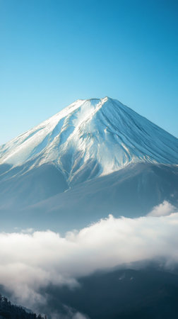 A stunning view of a snow-covered mountain towering under a bright blue sky. Golden grass sways in the breeze in the foreground, contrasting with the lush greenery of the forest below.の素材