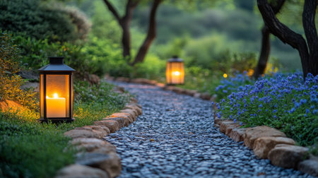 A tranquil walkway with stone slabs leads through verdant foliage, illuminated by lanterns. Cozy thatched-roof cottages provide a peaceful retreat amid the rain.の素材