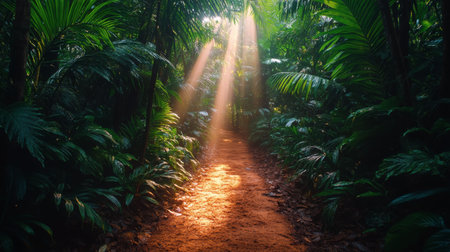 Rays of sunlight illuminate a tranquil path in the heart of a lush jungle, surrounded by vibrant green foliage in the early morning light.の素材