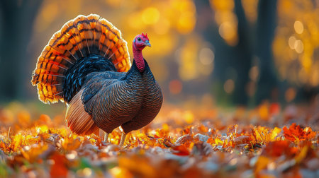 A vibrant turkey walks in a lush green field as the sun sets, casting warm golden light over the landscape. Trees in the background display autumn colors.の素材