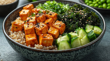 A colorful bowl features cubed tofu in a spicy sauce, served on a bed of rice accompanied by fresh vegetables like cucumber, seaweed, and herbs. Perfect for a healthy meal.の素材