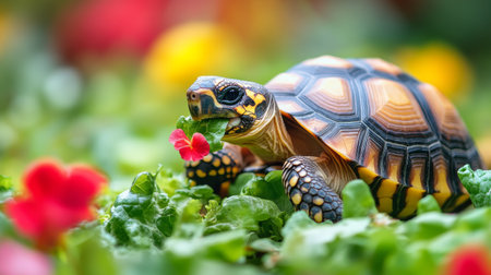 A turtle is happily munching on a piece of fresh lettuce in a vibrant green garden filled with various plants and foliage under natural light.の素材