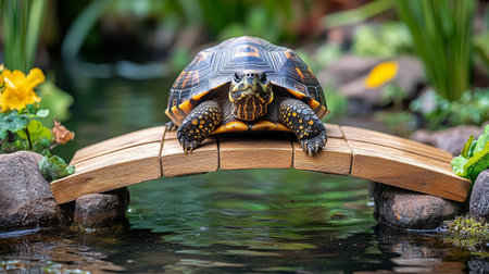 A tortoise is leisurely resting on a small wooden bridge over a serene pond. Colorful flowers and water lilies enhance the peaceful atmosphere of the garden.の素材
