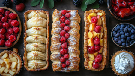 Colorful fruit tarts filled with apples, raspberries, and peaches are arranged on a wooden table with fresh berries and whipped cream in bowls. A delightful dessert setting invites taste.の素材